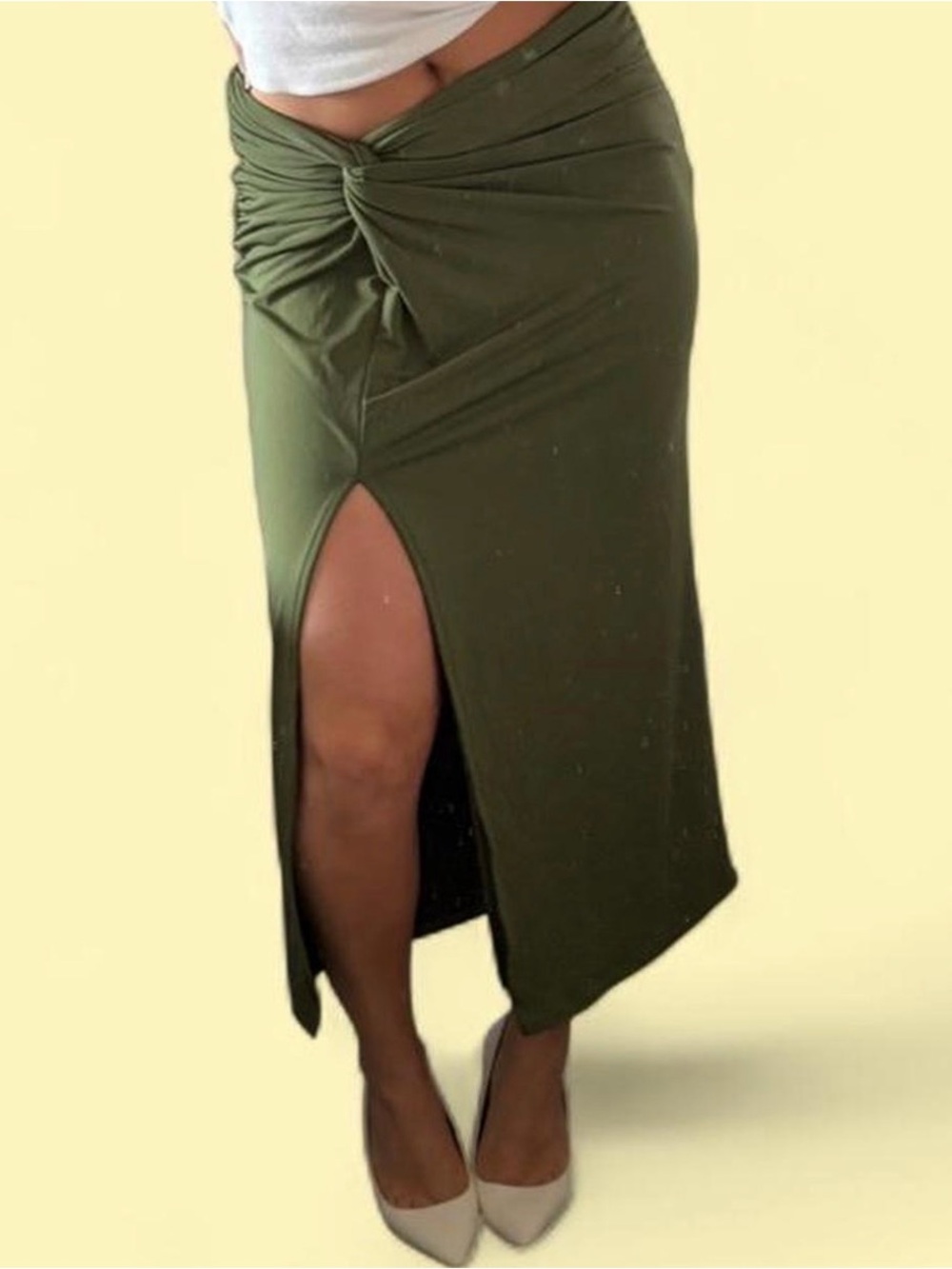Dynamite Olive Knot-Front High-Slit Maxi Skirt